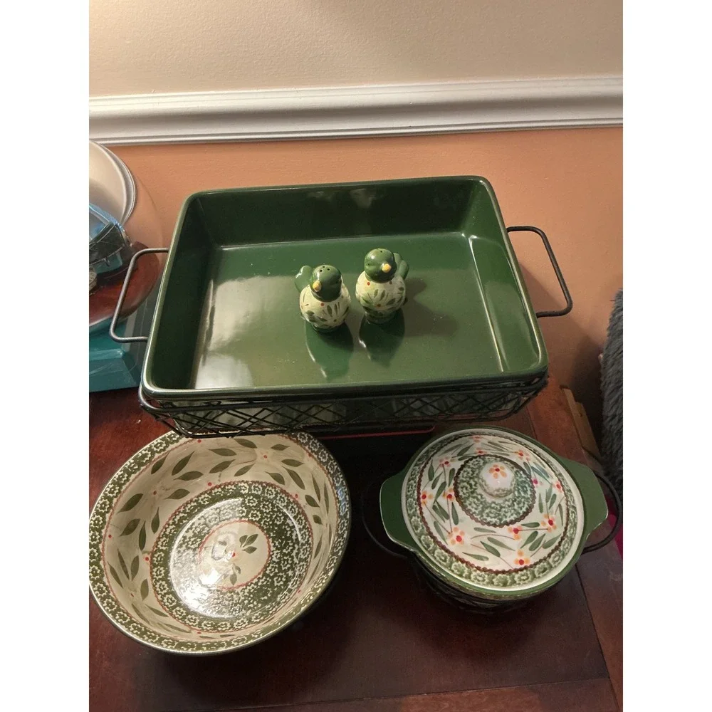 Temp-tations Old World Green 8pc Vintage Casserole Serving Set Bird S&P Shakers